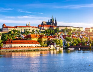 Obraz premium Panoramic view of Prague Castle, Czech Republic, at sunrise. A city skyline of historic buildings, rooftops, and cathedrals, reflected in a calm river