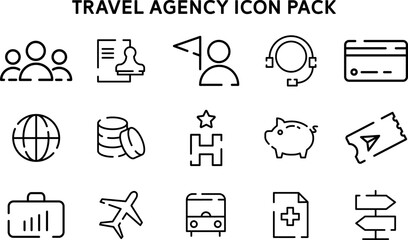 Travel Agency Outline Icon Set Featuring Essential and Vacation Related Elements