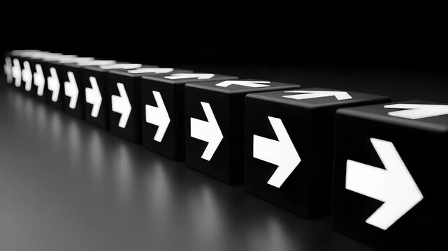 Aligned Black Cubes with White Arrows on Dark Surface Showing the Right Direction
