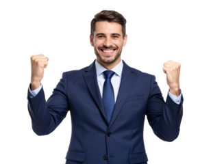 Man in Blue Suit with Fists Raised in Celebration