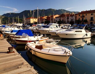 Obraz premium Sunny harbor scene with various boats moored at a dock. Colorful buildings line the background