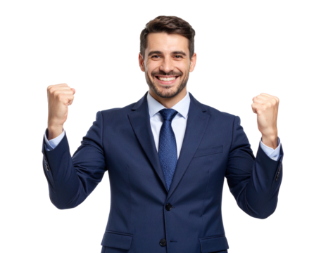 Man in Blue Suit with Fists Raised in Celebration