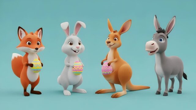 Animated Easter Animals Holding Eggs Fox Bunny Kangaroo and Donkey in Light Blue Studio Setting