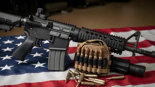 AR 15 Rifle with Bullet Belt and Ammunition Displayed on an American Flag