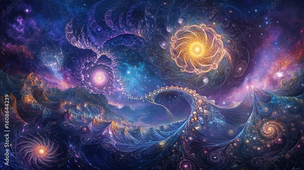 Poster cosmic dreamscape with fractal patterns and glowing light for celestial journey interstellar depth i