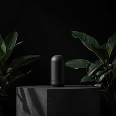 Modern minimalist dark studio product shot featuring a sleek black diffuser between lush green plants