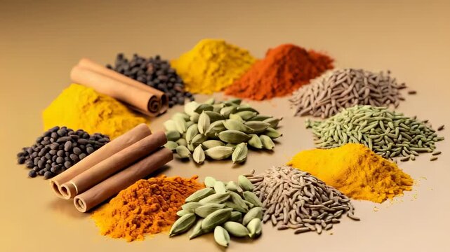 Assorted Spices Display Featuring Cinnamon Turmeric Cardamom and Cumin Seeds Arranged in an Attractive Circle on a Golden Background