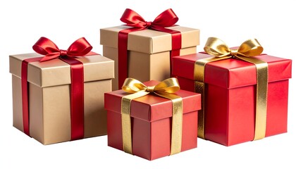 Obraz premium Four gift boxes, two red and two gold, with satin ribbons and bows