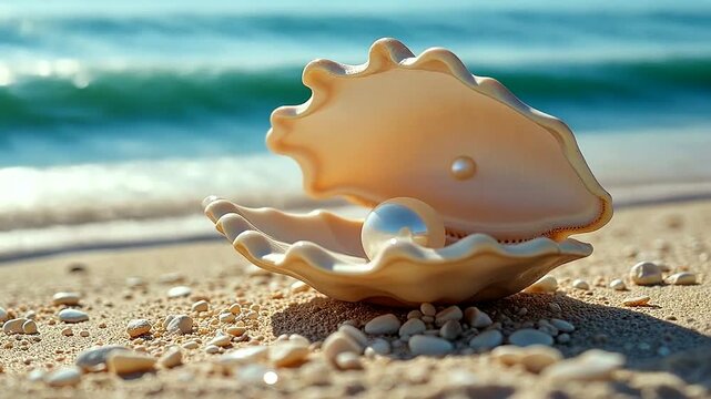 A close-up view of an open seashell revealing a pearl on a sandy beach with ocean waves