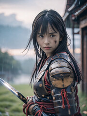 雨の降る戦国時代の戦場で鎧を着た戦闘中の若い女性武士
