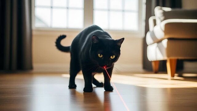Black Cat Focused on Red Laser Pointer Beam on Wooden Floor in Bright Interior Home Playtime