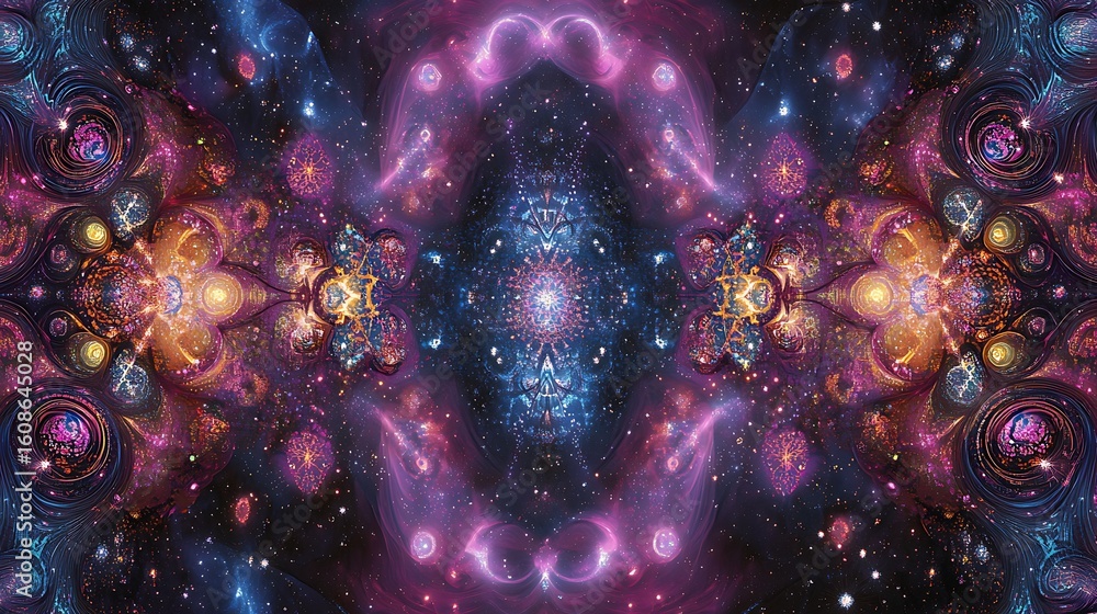 Poster explores cosmic kaleidoscope with symmetrical patterns and radiant colors for interstellar journey v