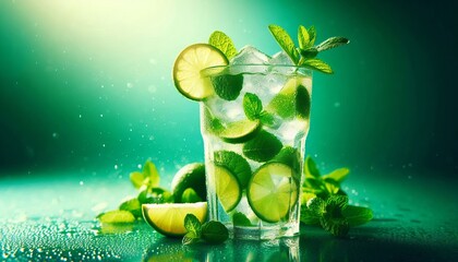 Glass of lemonade on a green background, refreshing and cool.