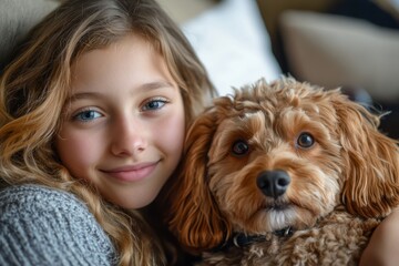 Teenage girl sitting on a sofa indoors, playing with a pet dog, fostering companionship and relaxation in a comfortable home setting, Generative AI