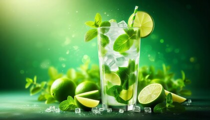 Glass of lemonade on a green background, refreshing and cool.