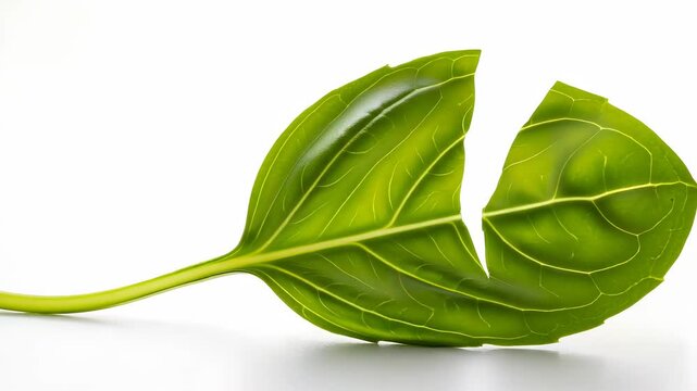 Bright Green Leaf Divided in Two on a White Backdrop Revealing Veins and Intricate Textures