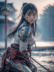 雨の降る戦国時代の戦場で鎧を着た戦闘中の若い女性武士