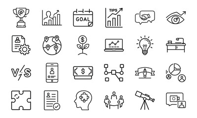 Business and Success Line Art Icon Set – Featuring Goals, Growth, Collaboration, Strategy, and Innovation Symbols for Professional Design