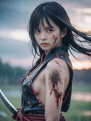 雨の降る戦国時代の戦場で鎧を着た戦闘中の若い女性武士