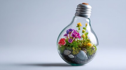 A vibrant arrangement of colorful flowers and greenery inside a light bulb, symbolizing creativity and nature's beauty.