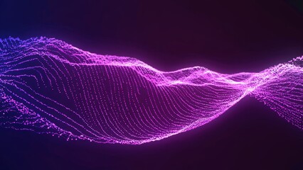 Glowing abstract pink data wave formed by floating particles on a deep violet background, representing artificial intelligence, neural networks, digital sound signals, data flow, modern tech concepts.