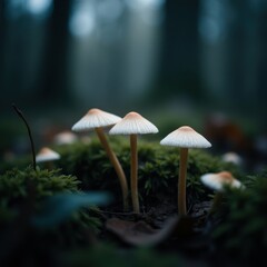 Three delicate white mushrooms with slender stems emerge from mossy forest floor