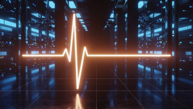 Orange pulse signal line runs across a dark server room, symbolizing the connection between life science, data processing, health technology, digital systems in future smart healthcare environments. - Powered by Adobe