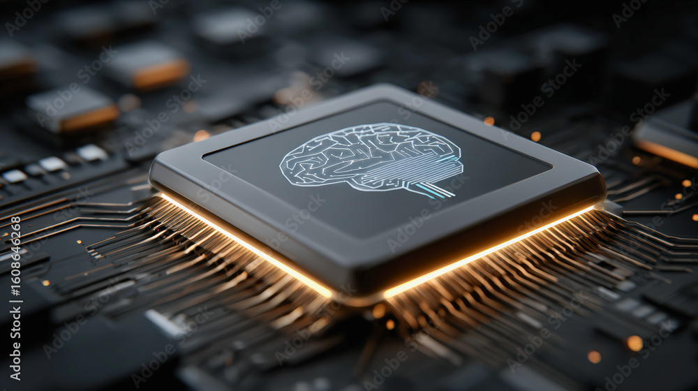 Poster microchip with brain design symbolizes advanced technology and artificial intelligence, showcasing i