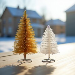Two miniature bottle brush christmas trees stand on a surface with a snowy outdoor background