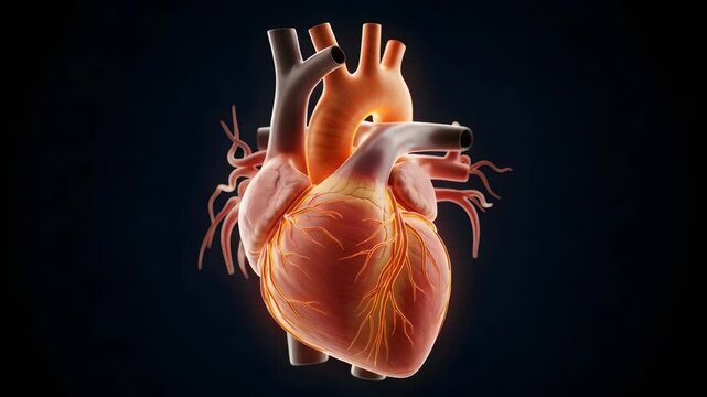 Detailed Human Heart Anatomy in 3D Render with Vessels on Dark Background for Medical Illustration