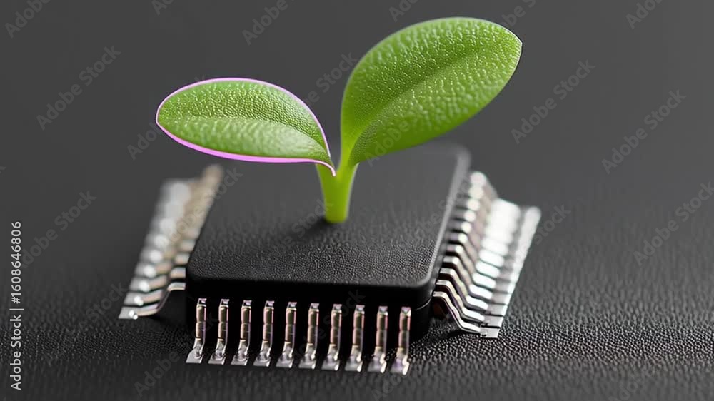 Poster startup seed technology concept. green seedling growth from microchip symbolizing startup innovation
