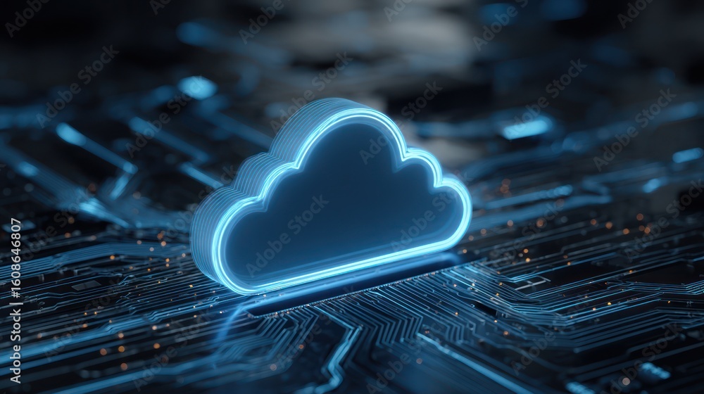 Aufkleber illuminated cloud symbol on a digital circuit board, representing cloud computing