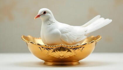 White Dove in Ornate Gold Bowl, created with generative ai