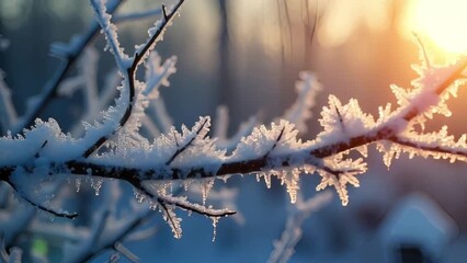 Delicate hoarfrost crystals on a tree branch illuminated by warm winter sun at dawn, a serene natural beauty - Powered by Adobe