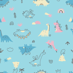 Adorable seamless dinosaur pattern featuring pastel-colored cartoon dinos in baby blue, pink, cream, and aqua tones, set against a cheerful sky blue background. Ideal for kids' clothing, babywear
