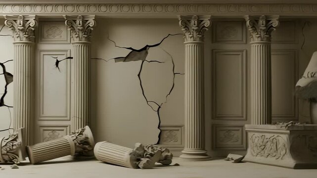 Distressed Beige Interior with Cracked Wall Fluted Columns and Crumbling Architectural Elements and Distressed Stone Backdrop
