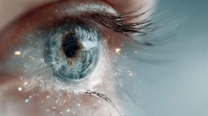 A close-up of a human eye with futuristic digital overlay, showcasing technological integration