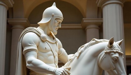 White Marble Knight Statue Contemplating a Sphere in a Museum Gallery, created with generative ai