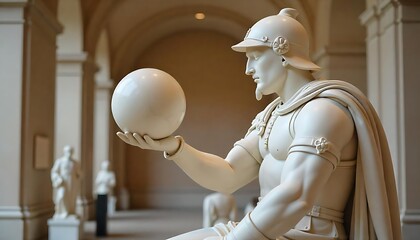 White Marble Knight Statue Contemplating a Sphere in a Museum Gallery, created with generative ai