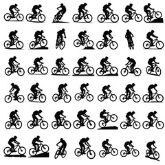 Obraz premium Collection of Mountain Bike Rider Silhouettes Showcasing Various Poses and Terrains for Active Lifestyle and Outdoor Adventure Themes