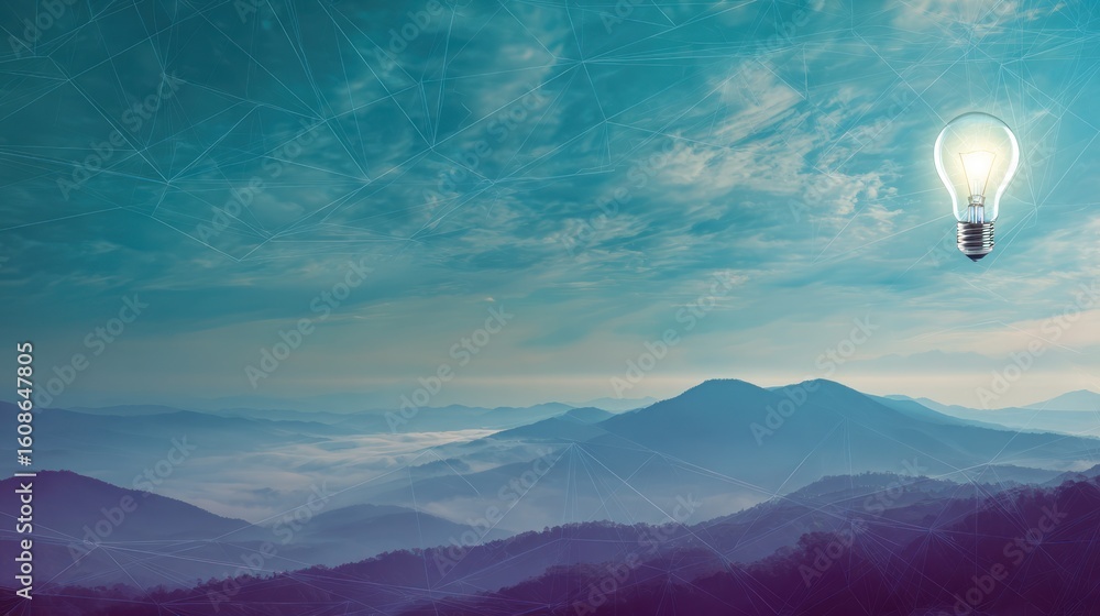 Poster bright lightbulb floats against a backdrop of mountain range and celestial patterns
