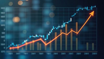 Vibrant Orange Upward Arrow on Digital Financial Growth Chart with Bokeh Background