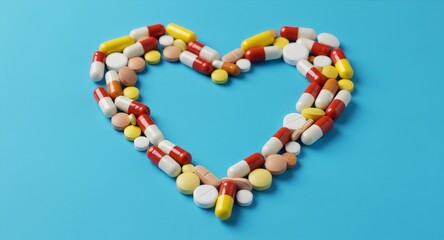 Heart-Shaped Arrangement of Colorful Pills on Blue Background - Healthcare & Medicine Concept, Drugs, Capsules & Tablets for Health and Medical Care, Love Your Health