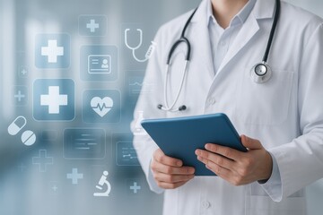 Healthcare provider operating digital health interface, secure, efficient, and modern approach to health information management. medical app, healthcare system, secure data, and doctor office.