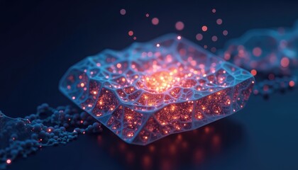 Vibrant Luminous Abstract Cellular Structure with Glowing Energy Particles on Dark Background