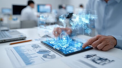 Man uses tablet to interact with holographic world map over charts on white table