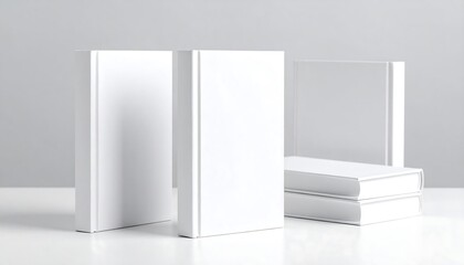 Blank white books mockup Front view of books on a white table with copy space.