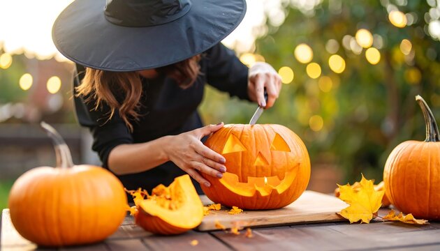 Woman carving pumpkin outdoors