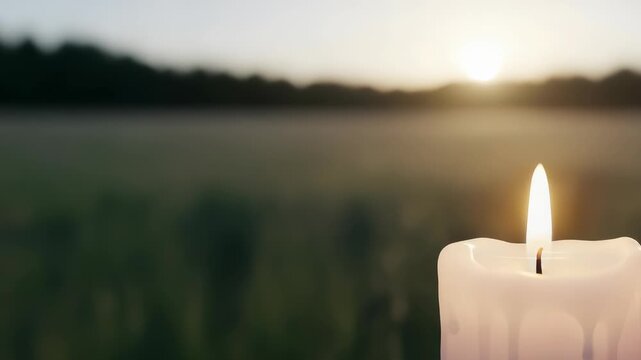 Glowing Candle Flame Against a Serene Green Field with a Soft Sunset Light