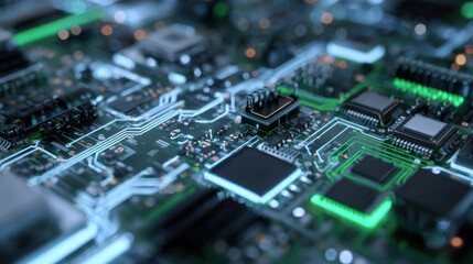 Obraz premium Detailed macro shot of a green circuit board, glowing with light